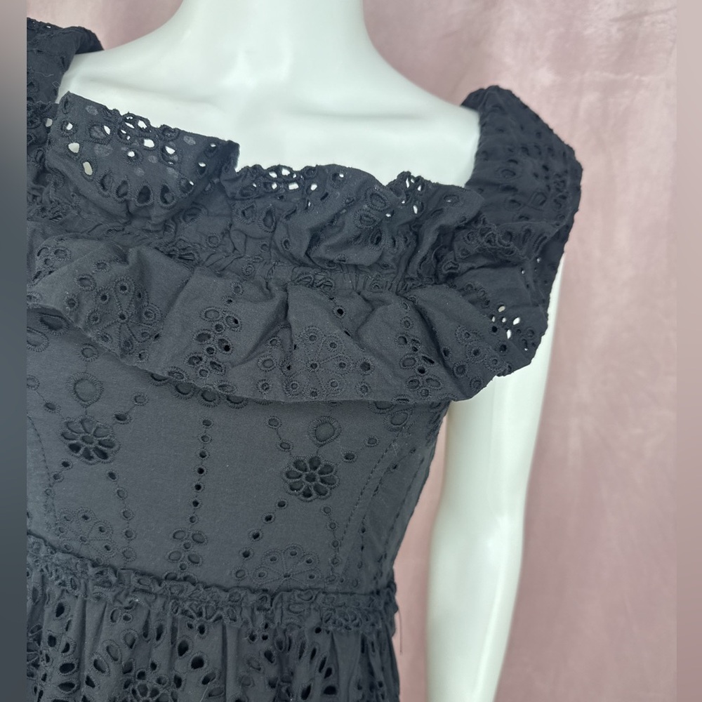 Zara Womens 100% Cotton Black Floral Eyelet Maxi Dress Size XS Off The Shoulder - Picture 5 of 8
